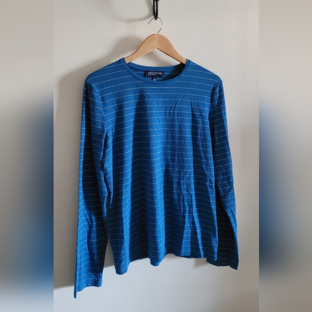 Jones New York Cotton + Stretch Long Sleeve Crew, Women's XL, Blue Striped